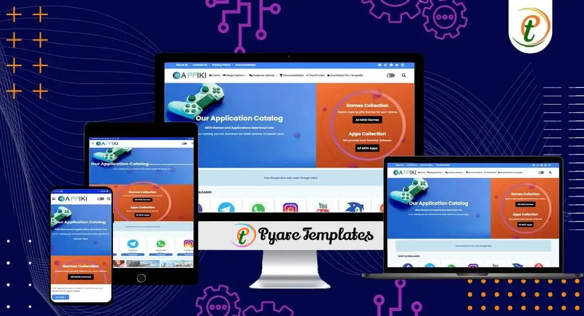 Appiki template showing responsive app catalog on desktop and mobile
