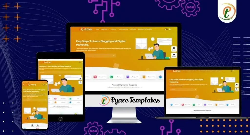 Citron Blogger template on mobile, tablet, desktop screens with animated card layout
