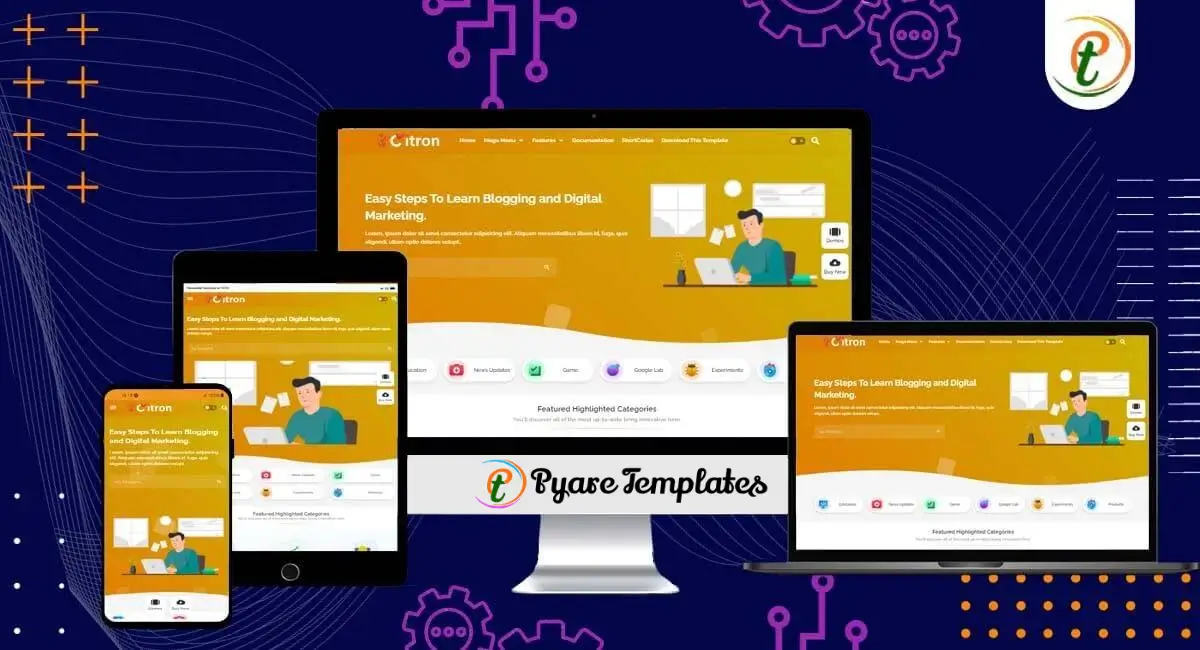 Citron Blogger template on mobile, tablet, desktop screens with animated card layout