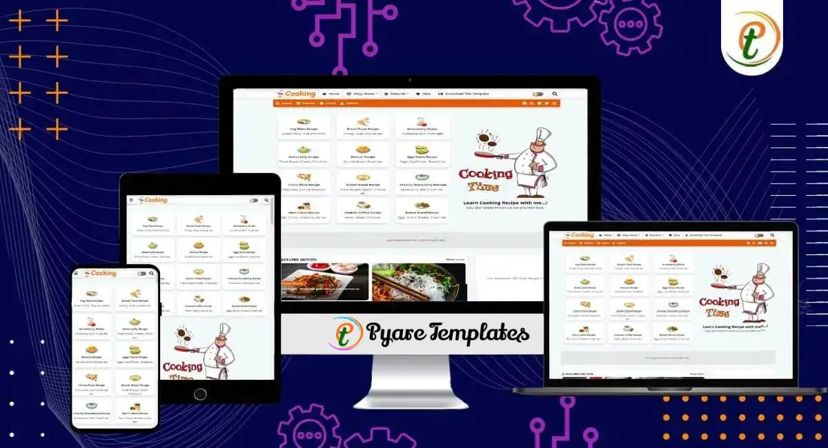 Cooking recipe Blogger template showcasing recipe cards and chef mascot