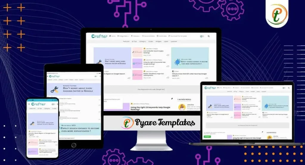 Crafter Blogger template seen on mobile, tablet, and desktop