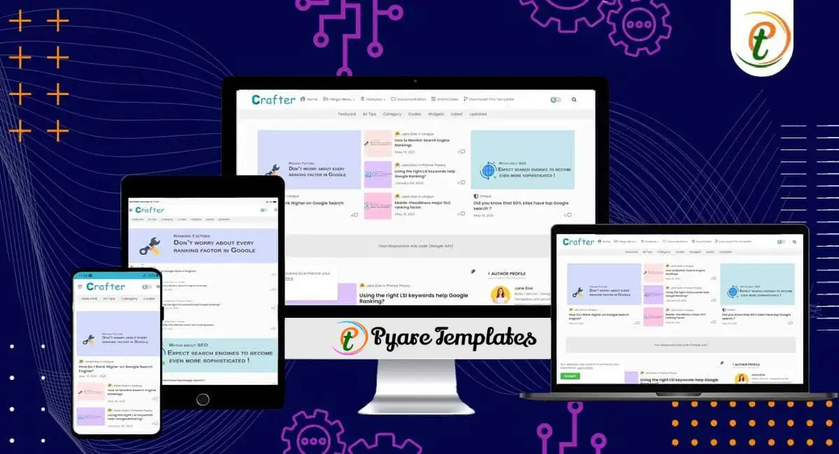 Crafter Blogger template seen on mobile, tablet, and desktop