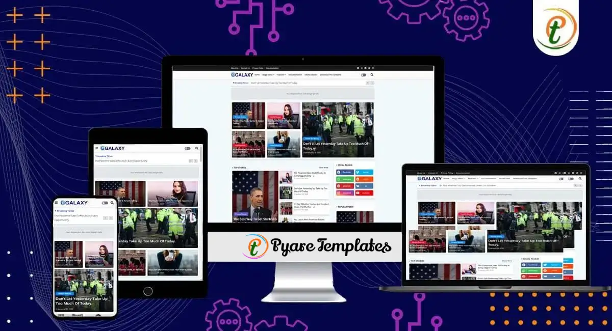 Galaxy Blogger template displayed on desktop, tablet, and mobile with magazine layout