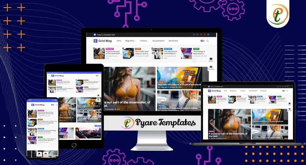 Grid Mag Blogger template homepage preview with cards, carousel, dark mode and mega-menu