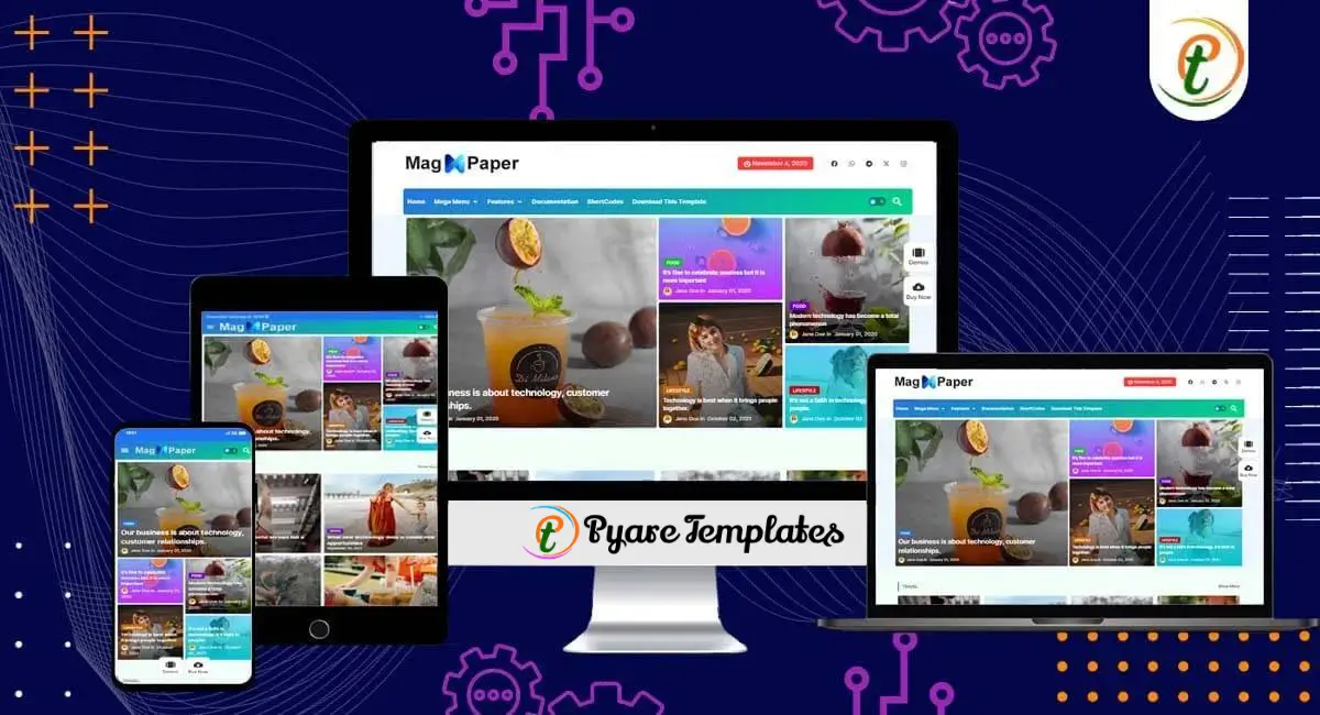 Mag Paper Blogger template shown on desktop, tablet, and mobile with colorful feature grids