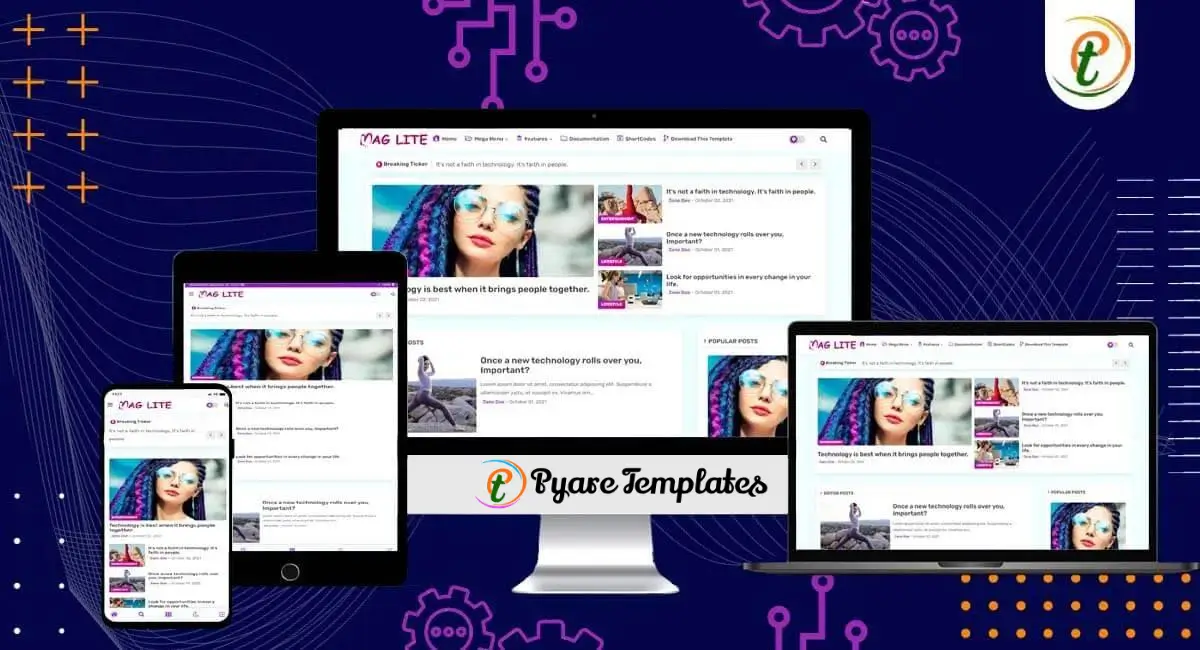 MagLite Blogger template on various devices, magazine layout