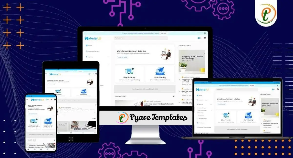Material UI Blogger template displayed on desktop, tablet, and mobile with material design