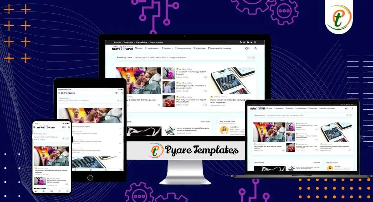 Pixy Newspaper 11 magazine-style Blogger template on various devices