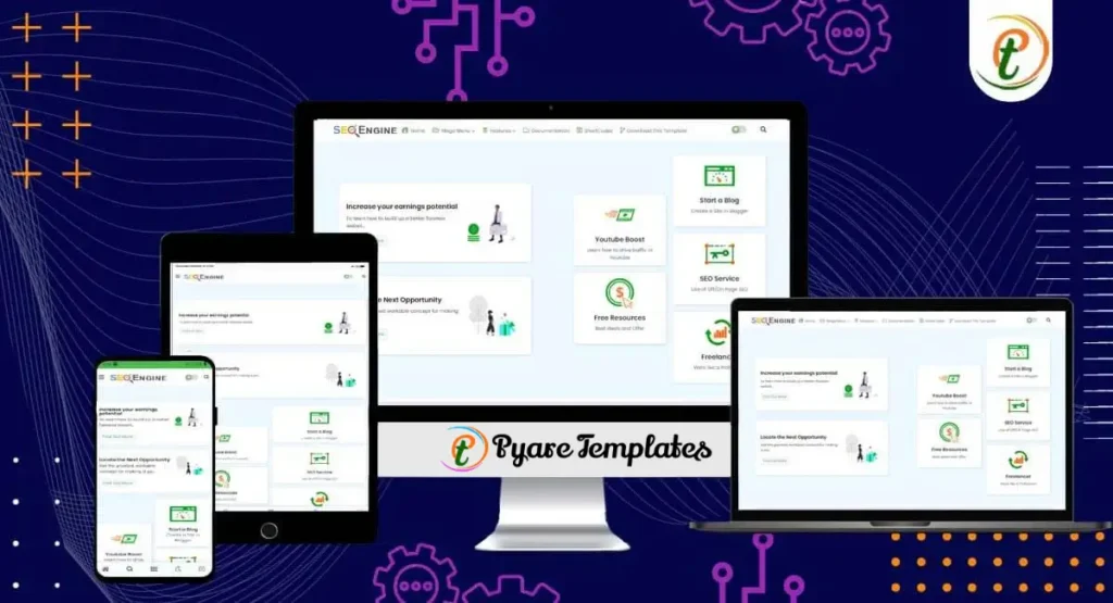 SEO Engine Blogger template previews on desktop, tablet, mobile
