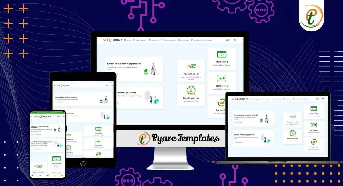 SEO Engine Blogger template previews on desktop, tablet, mobile