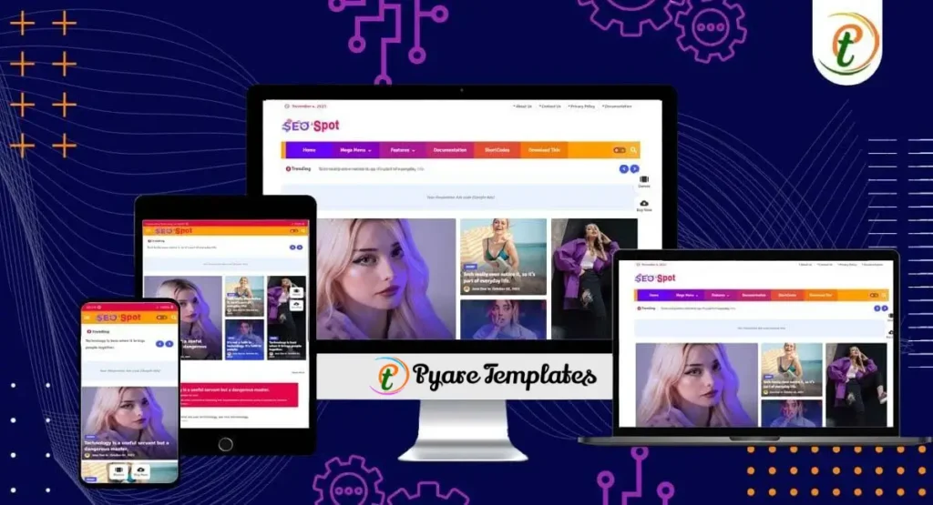 SEO Spot template on desktop showcases colorful magazine layout