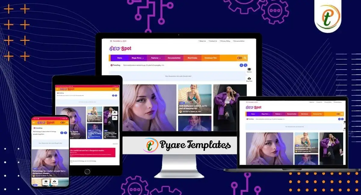 SEO Spot template on desktop showcases colorful magazine layout