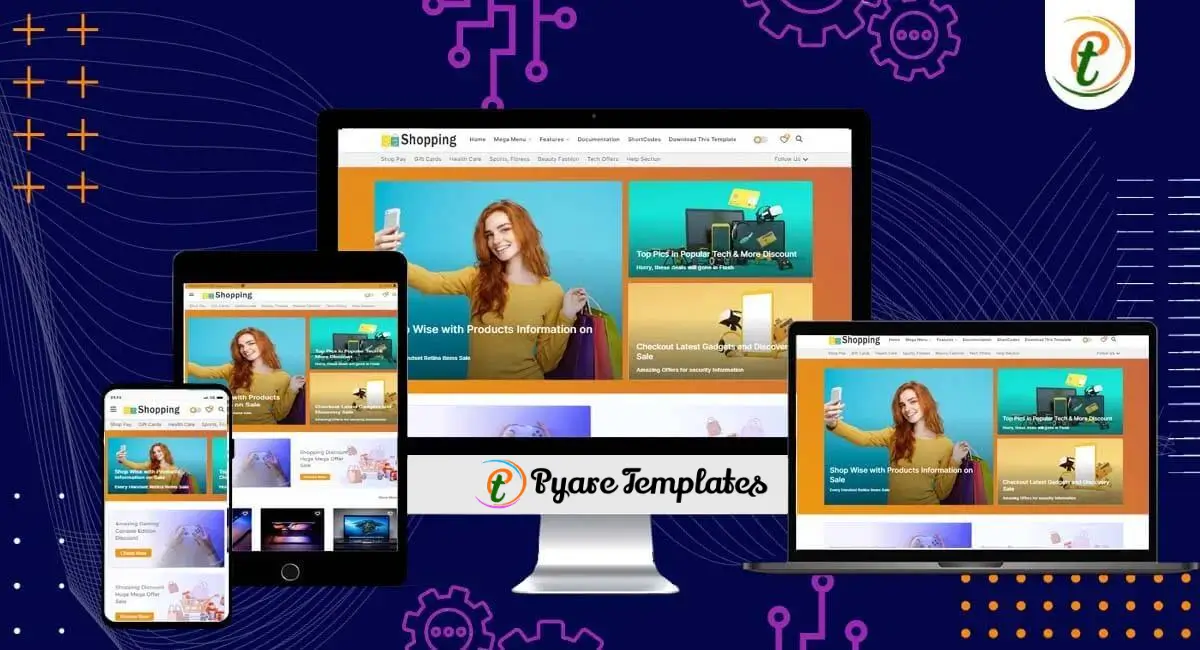 Shopping Blogger template showcasing store layout across desktop, tablet, mobile
