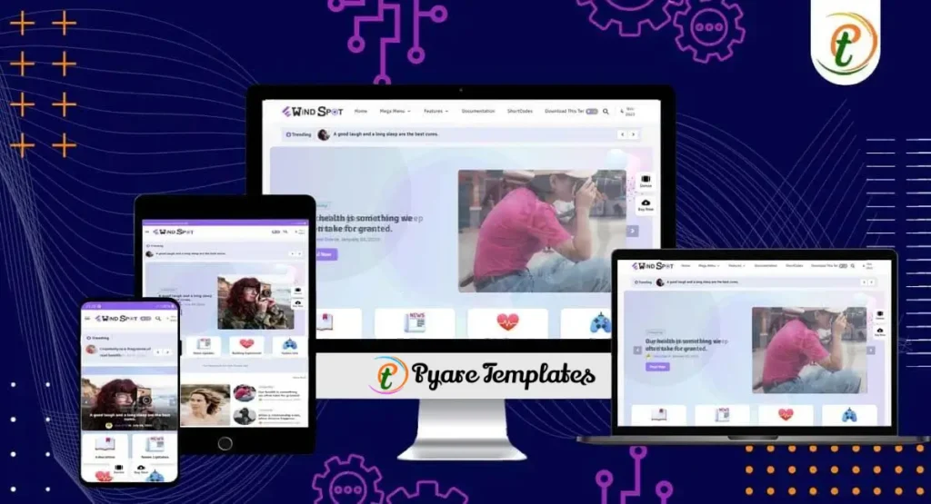 WindSpot Blogger template on desktop, tablet, and mobile with top slider and category cards