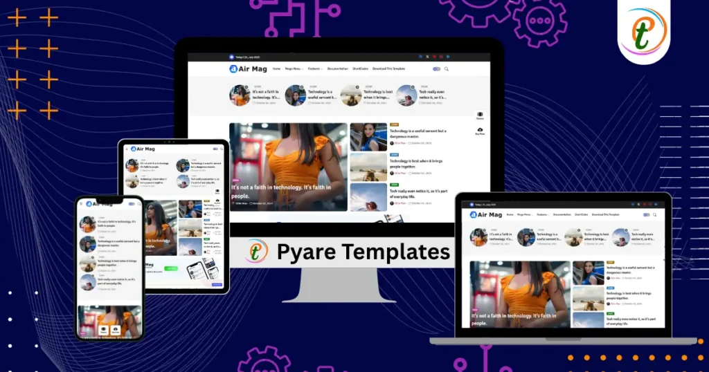 AirMag Blogger template demo with magazine layout, animated feature posts, and speed metrics showing low load times.