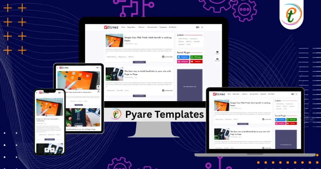 Diver Blogger template demo showing minimalist layout, fast loading speed meter, shortcode functionality overview.