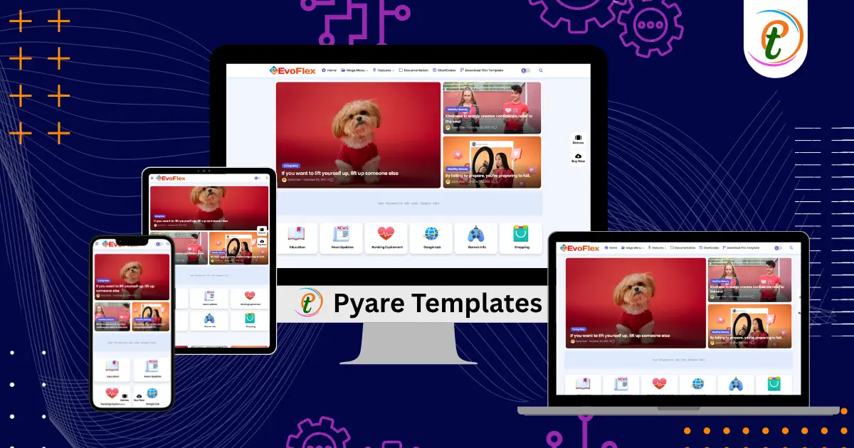 EvoFlex Blogger template demo featuring minimalist card layout, vibrant colors, featured sections, and responsive design.