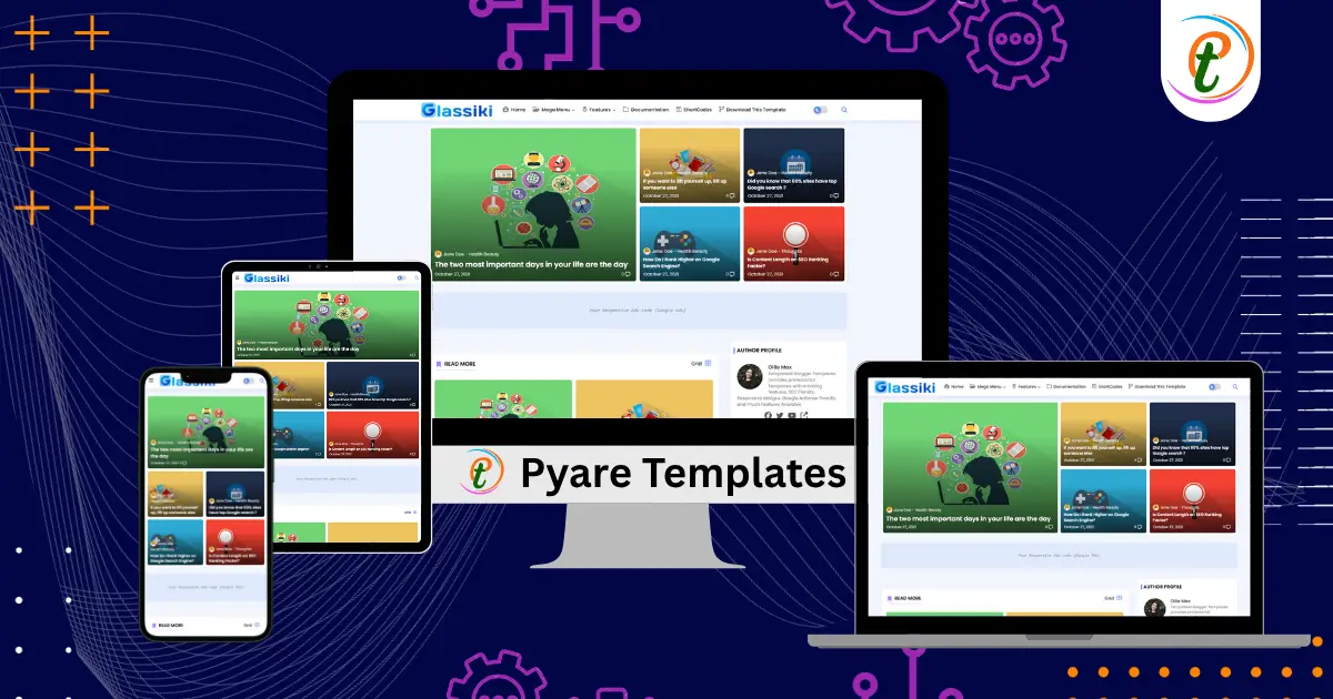 Glassiki Blogger template demo showing clean magazine style layout, featured post pinning, recent post grid, and dark mode toggle