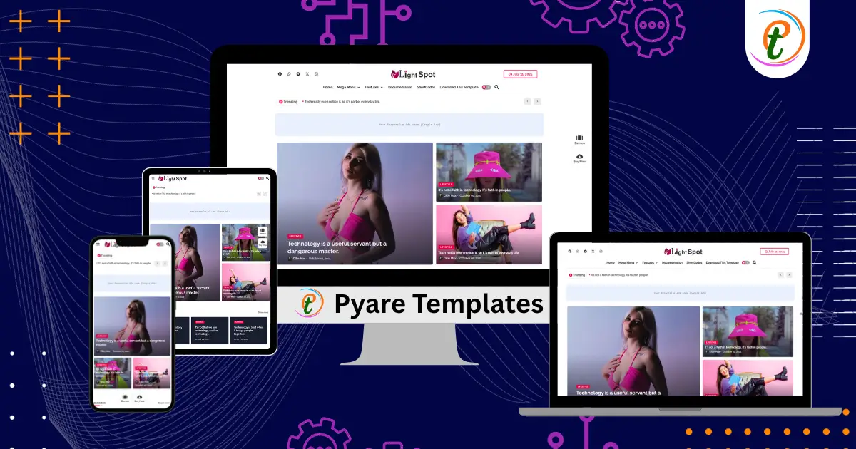 Light Spot Blogger template demo showing colorful homepage layout, shortcodes, ad placements, and fast loading metrics