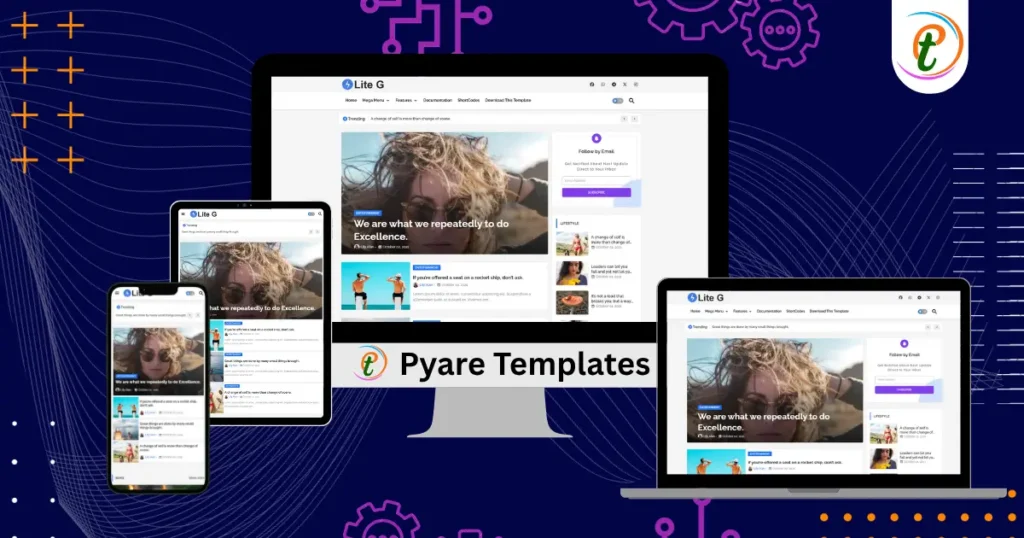 LiteG Blogger template screenshot showing minimalist layout with featured posts and trending ticker