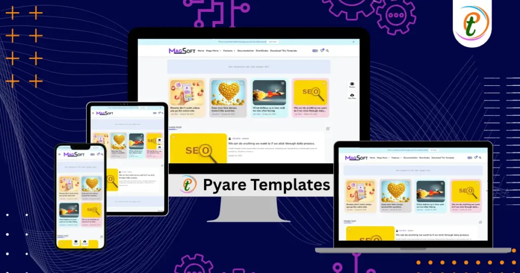 MagSoft Blogger template screenshot showing card-style posts, bookmark icon, and clean layout