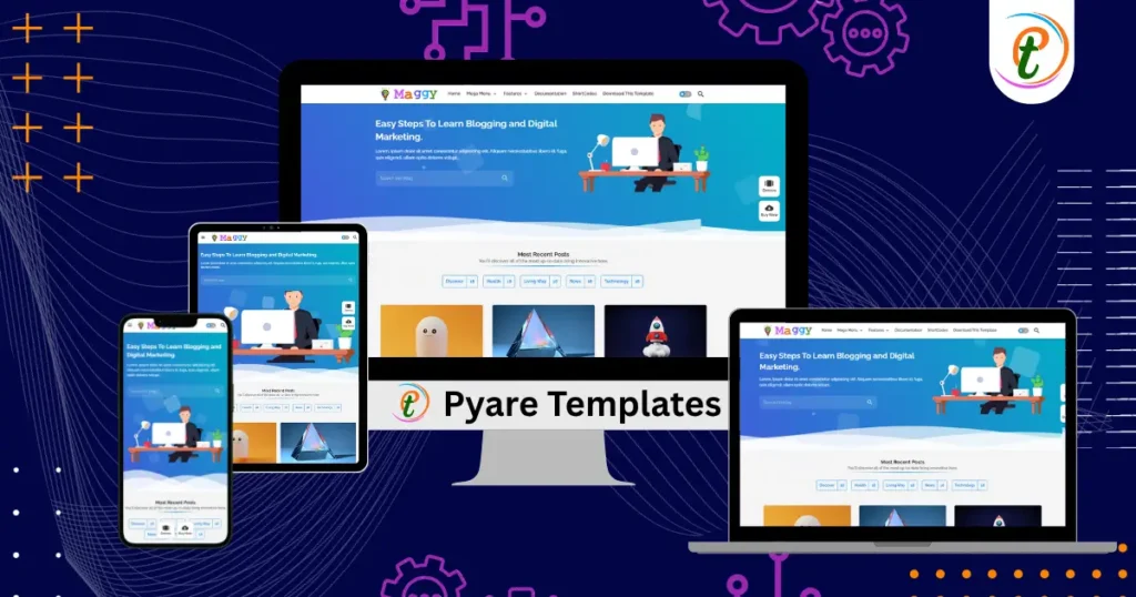 Maggy Blogger template screenshot showing featured post section with water‑flow animation and custom card layout