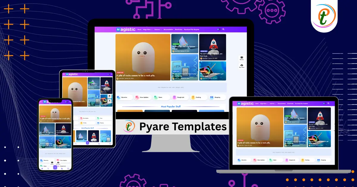 Magistic Blogger template demo showing minimalist grid layout, speed metrics, shortcode functionality, and plugin features