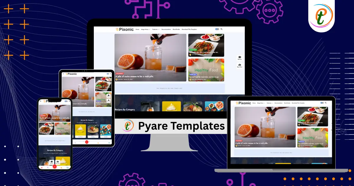 Pixonic Blogger template demo showing multipurpose layout, speed metrics, shortcode features, and creative design.