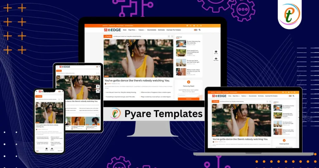 SEO Edge blogger template screenshot showing responsive layout, trending ticker, and featured posts