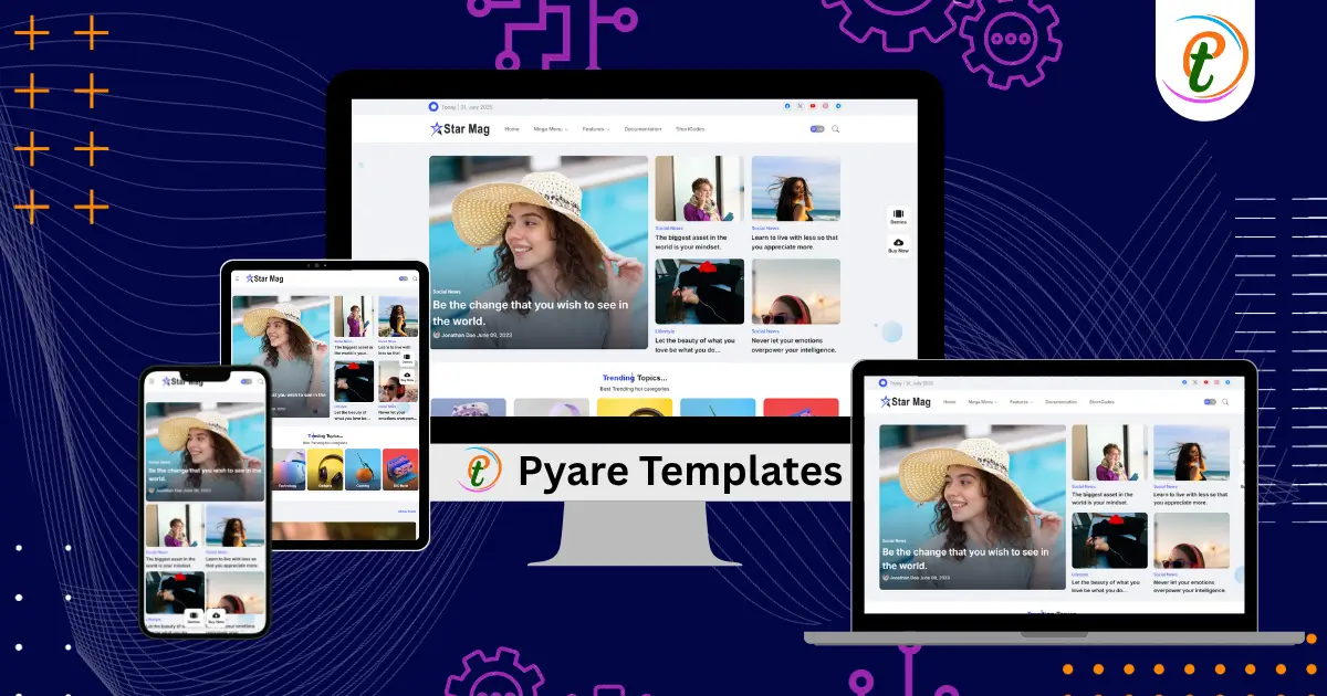 Star Mag Blogger template demo showing speed gauge, shortcode tools, and featured post layout.