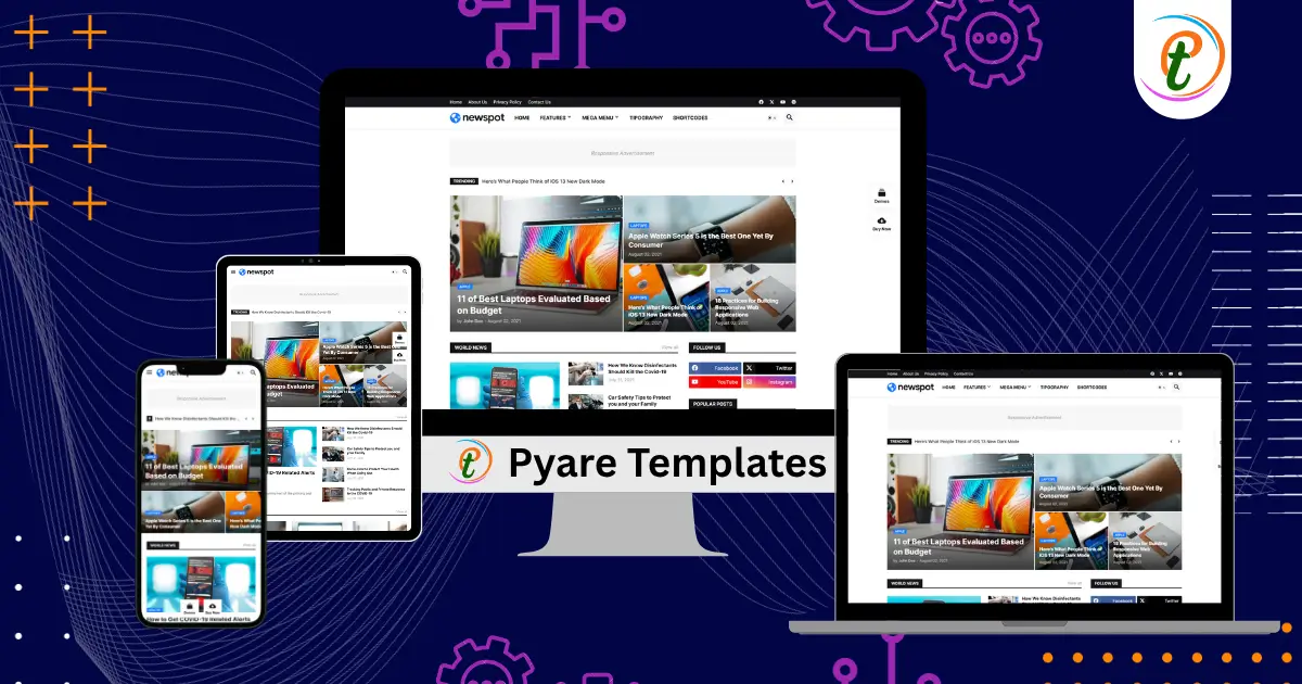 Newspot Blogger Template homepage showing mega menu, ticker news, and responsive magazine layout.