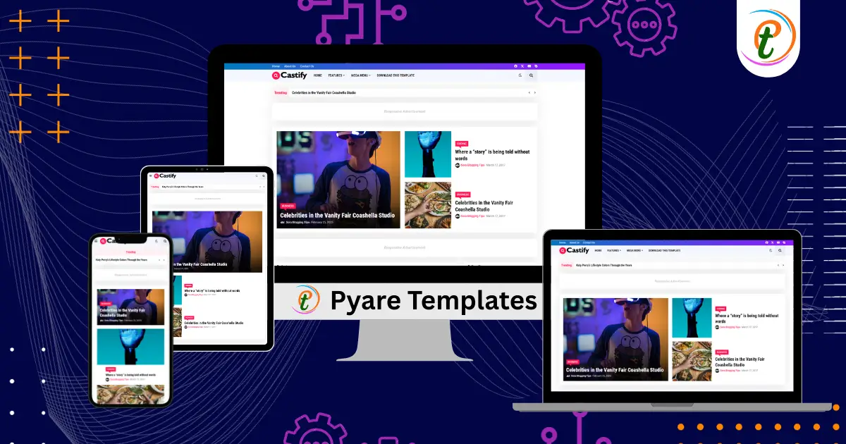 Castify Blogger Template screenshot showing modern magazine-style layout with slider