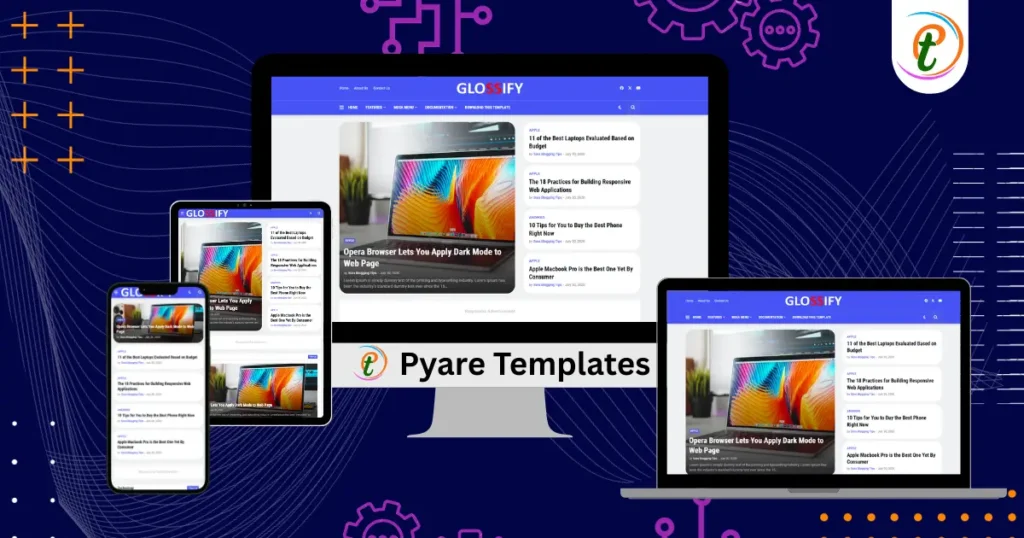 Glossify Blogger Template screenshot featuring responsive design and mega-menu