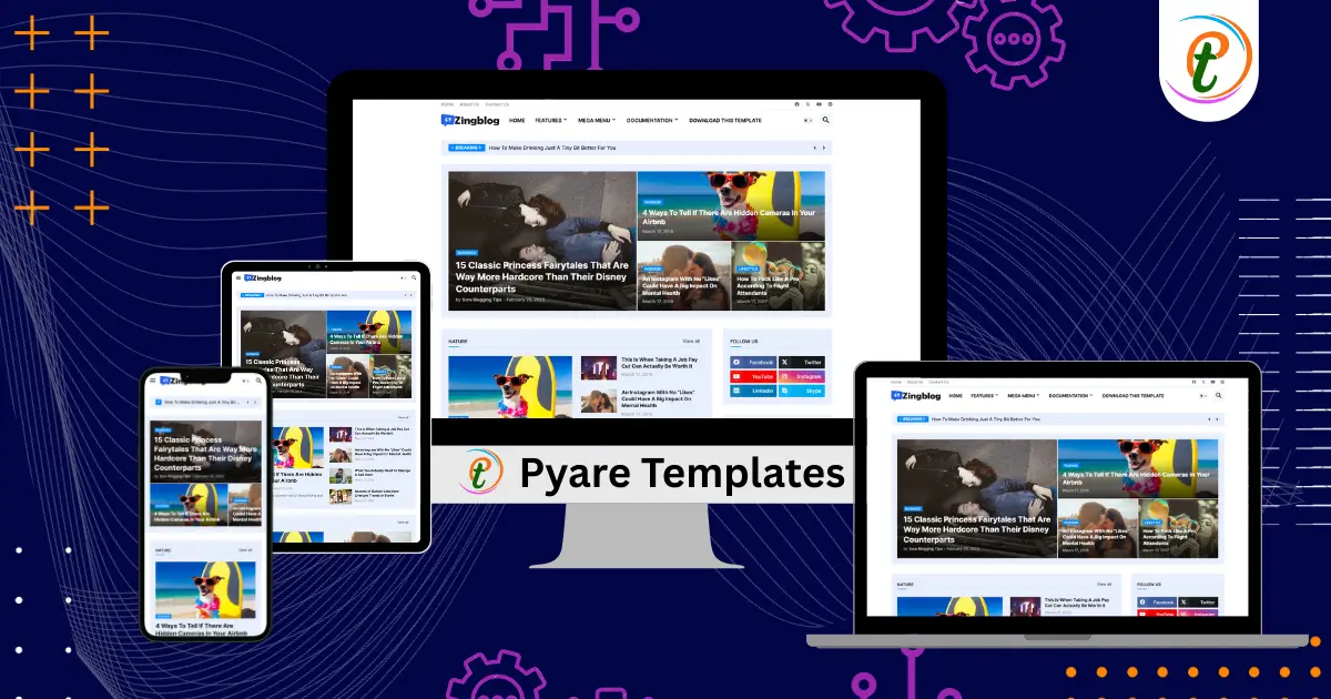Zing Blog Template screenshot showing featured slider and categorized layout