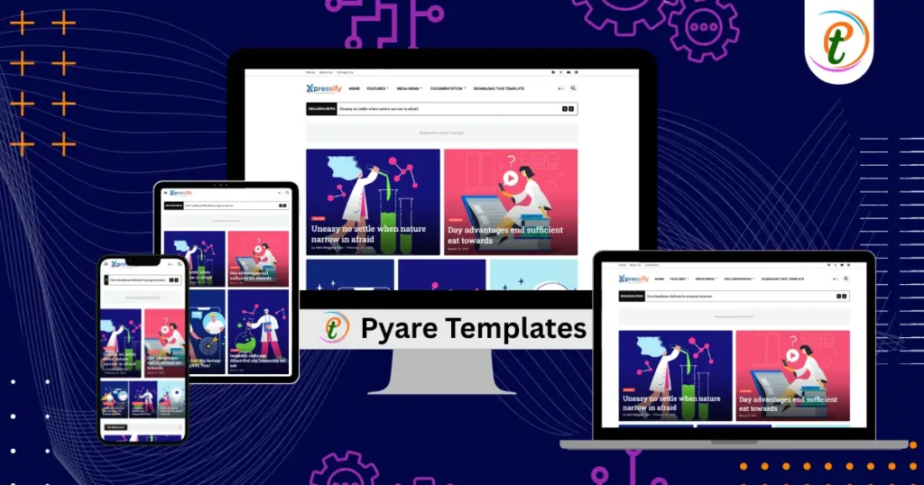 Xpressify Blogger Template homepage screenshot showing grid layout and breaking news ticker